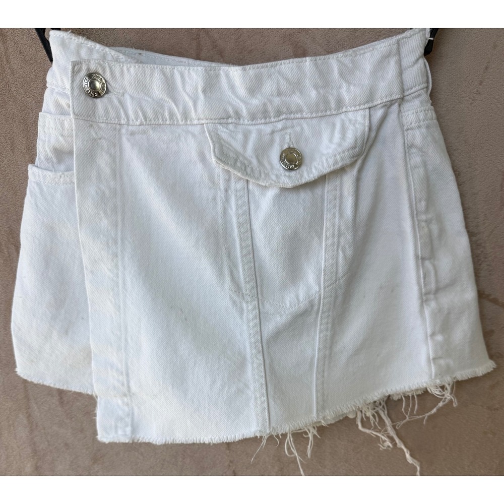 Zara Girls White Denim Skort Size 9 134 Wrap Front Raw Hem Mini Skirt Shorts